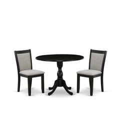 East West Furniture 3-Piece Dining Room Set Includes a Modern Dining Room Table with Drop Leaves and 2 Shitake Linen Fabric Parson Chairs - Wire Brushed Black Finish