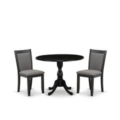 East West Furniture 3-Pc Dinette Set Includes a Wood Dining Table with Drop Leaves and 2 Dark Gotham Grey Linen Fabric Kitchen Chairs - Wire Brushed Black Finish