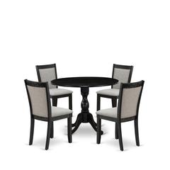 East West Furniture 5-Piece Modern Dining Set Consists of a Pedestal Table with Drop Leaves and 4 Shitake Linen Fabric Kitchen Chairs - Wire Brushed Black Finish