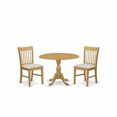 East West Furniture DMNF3-OAK-C 3 Piece Dining Room Table Set - Oak Wood Dining Table and 2 Oak Linen Fabric Kitchen Chairs with Slatted Back - Oak Finish