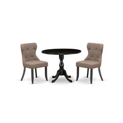 East West Furniture DMSI3-ABK-48 3 Piece Dining Set Consists of 1 Drop Leaves Dining Table and 2 Coffee Linen Fabric Dining Chair Button Tufted Back with Nail Heads - Wire Brushed Black Finish