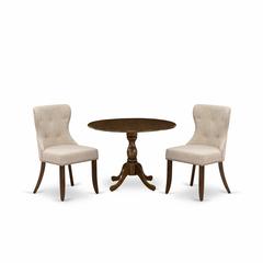 East West Furniture DMSI3-AWA-04 3 Piece Dining Table Set Includes 1 Drop Leaves Wooden Table and 2 Light Tan Linen Fabric Dinning Chairs Button Tufted Back white Nail Heads - Acacia Walnut Finish