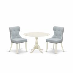 East West Furniture DMSI3-LWH-15 3 Piece Kitchen Table Set Consists of 1 Drop Leaves Dining Table and 2 Baby Blue Linen Fabric Parson Chairs Button Tufted Back with Nail Heads - Linen White Finish