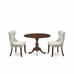 East West Furniture DMSI3-MAH-35 3 Piece Modern Dining Table Set - Mahogany Kitchen Table and 2 Doeskin Linen Fabric Dining Room Chairs Button Tufted Back with Nail Heads - Mahogany Finish