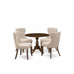 East West Furniture 5 Piece Dining Table Set Consists of 1 Drop Leaves Dining Table and 4 Light Tan Linen Fabric Kitchen Chairs Button Tufted Back with Nail Heads - Acacia Walnut Finish