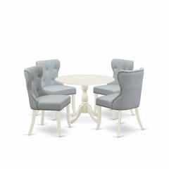 East West Furniture DMSI5-LWH-15 5 Piece Dining Set Consists of 1 Drop Leaves Dining Table and 4 Baby Blue Linen Fabric Parson Dining Chairs Button Tufted Back with Nail Heads - Linen White Finish
