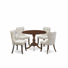 East West Furniture DMSI5-MAH-35 5 Piece Kitchen Dining Table Set - Mahogany Small Dining Table and 4 Doeskin Linen Fabric Dining Chairs Button Tufted Back with Nail Heads - Mahogany Finish