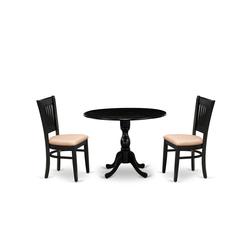 East West Furniture - DMVA3-BLK-C - 3-Pc Dining Room Table Set- 2 Dining Chairs with Linen Fabric Seat and Slatted Chair Back - Drop Leaves Dining Table - Black Finish