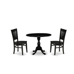 East West Furniture - DMVA3-BLK-W - 3-Pc Kitchen Dining Set- 2 Modern Chair with Wooden Seat and Slatted Chair Back - Drop Leaves Dining Table - Black Finish