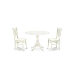 East West Furniture - DMVA3-LWH-W - 3-Pc Dining Room Table Set- 2 Wooden Chairs with Wooden Seat and Slatted Chair Back - Drop Leaves Kitchen Table - Linen White Finish