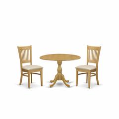 East West Furniture DMVA3-OAK-C 3 Piece Kitchen Dining Table Set - Oak Breakfast Table and 2 Oak Linen Fabric Dining Chairs with Slatted Back - Oak Finish