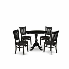 East West Furniture - DMVA5-BLK-W - 5-Piece Kitchen Dining Set- 4 Wooden Chair with Wooden Seat and Slatted Chair Back - Drop Leaves Round Dining Table - Black Finish