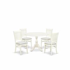 East West Furniture - DMVA5-LWH-C - 5-Piece Dining Room Table Set- 4 Dining Room Chair with Linen Fabric Seat and Slatted Chair Back - Drop Leaves Round Table - Linen White Finish