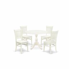 East West Furniture - DMVA5-LWH-W - 5-Pc Kitchen Dining Room Set- 4 Mid Century Chair with Wooden Seat and Slatted Chair Back - Drop Leaves Round Table - Linen White Finish
