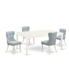 East-West Furniture DOSI5-LWH-15 - A dining table set of 4 fantastic kitchen chairs with Linen Fabric Baby Blue color and a fantastic 18 butterfly rectangle dining room table with Linen White color"