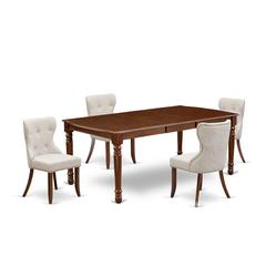 East-West Furniture DOSI5-MAH-35 - A kitchen dining table set of 4 amazing kitchen chairs with Linen Fabric Doeskin color and a wonderful 18 butterfly rectangle wooden table in Mahogany Finish"