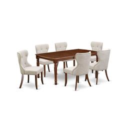 East-West Furniture DOSI7-MAH-35 - A wooden dining table set of 6 fantastic parson dining chairs using Linen Fabric Doeskin color and a lovely wooden dining table in Mahogany Finish