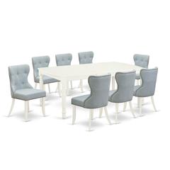 East-West Furniture DOSI9-LWH-15 - A dining set of 8 amazing dining chairs with Linen Fabric Baby Blue color and a beautiful wood kitchen table with Linen White color