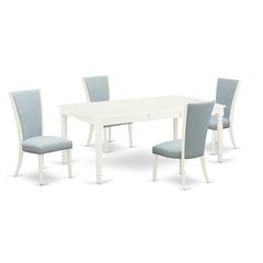 East-West Furniture DOVE5-LWH-15 - A dining set of 4 amazing dining room chairs with Linen Fabric Baby Blue color and an attractive wood kitchen table with Linen White color