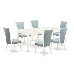 East-West Furniture DOVE7-LWH-15 - A kitchen table set of 6 excellent parson dining chairs with Linen Fabric Baby Blue color and a fantastic 18 butterfly rectangle kitchen table with Linen White colo"