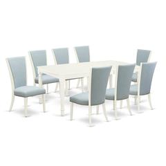 East-West Furniture DOVE9-LWH-15 - A modern dining table set of 8 great kitchen chairs with Linen Fabric Baby Blue color and an attractive wood kitchen table with Linen White color