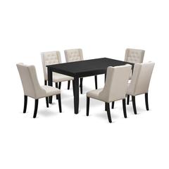 East West Furniture DUFO7-BLK-01 7-Piece Dining Table Set Includes 1 Rectangular Dining Table and 6 Cream Linen Fabric Mid Century Dining Chairs with Button Tufted Back - Black Finish