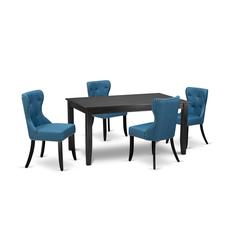 East-West Furniture DUSI5-BLK-21 - A modern dining table set of 4 excellent parson dining chairs with Linen Fabric Mineral Blue color and a gorgeous mid-century dining table using Black color