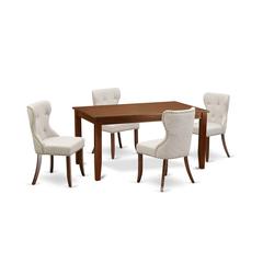 East-West Furniture DUSI5-MAH-35 - A dining set of 4 excellent parson chairs using Linen Fabric Doeskin color and a beautiful dining table in Mahogany Finish