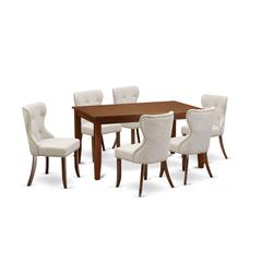 East-West Furniture DUSI7-MAH-35 - A kitchen dining table set of 6 excellent parson chairs using Linen Fabric Doeskin color and a fantastic rectangle wooden table with Mahogany Finish