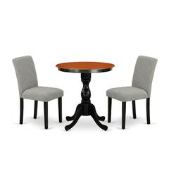 East West Furniture 3-Piece Dinette Set Include a Wooden Table and 2 Shitake Linen Fabric Padded Chairs with High Back - Black Finish