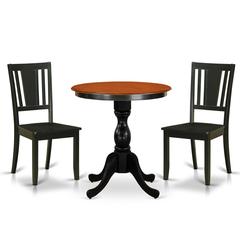 East West Furniture 3-Piece Mid Century Modern Dining Set Include a Wood Table and 2 Dining Chairs with Slatted Back - Black Finish