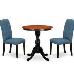 East West Furniture 3-Piece Dining Room Set Include a Round Table and 2 Blue Linen Fabric Parson Chairs with Button Tufted Back - Black Finish