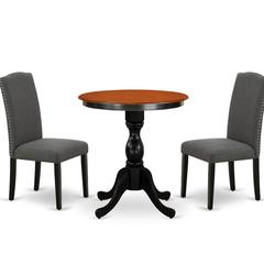 East West Furniture 3-Piece Modern Dining Set Consist of Dining Table and 2 Dark Gotham Grey Linen Fabric Parson Chairs with High Stylish Back - Black Finish