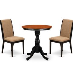 East West Furniture 3-Piece Dinner Table Set Include a Wood Table and 2 Light Sable Linen Fabric Padded Chairs with Stylish High Back - Black Finish