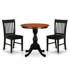 East West Furniture 3-Piece Kitchen Dining Table Set Include a Dinner Table and 2 Wood Chairs with Slatted Back - Black Finish