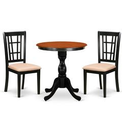 3 Pc Dining Room Table Set, Round Dining Table with Pedestal, 2 Linen Fabric Upholstered Chairs, Black & Cherry