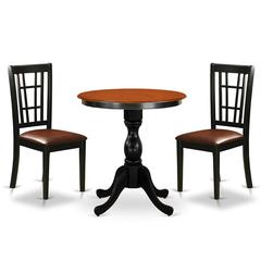 East West Furniture 3-Piece Mid Century Dining Set Include a Dining Table and 2 Faux Leather Dining Chairs with Slatted Back - Black Finish