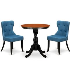 East West Furniture 3-Piece Modern Dining Set Include a Wooden Table and 2 Blue Linen Fabric Dining Room Chairs with Button Tufted Back - Black Finish