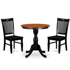East West Furniture 3-Piece Dining Set Include a Wooden Dining Table and 2 Dining Chairs with Slatted Back - Black Finish
