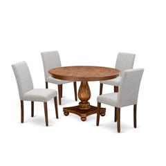 East West Furniture 5-Piece Dinette Set - Pedestal Dinner Table and 4 Doeskin Color Parson Wooden Chairs with High Back - Antique Walnut Finish