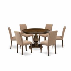 East West Furniture 7 Piece Dining Room Set Contains a Modern Dining Table and 6 Light Sable Linen Fabric Dining Chairs with High Back - Distressed Jacobean Finish