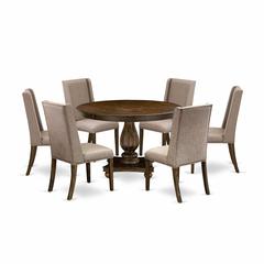 East West Furniture 7 Piece Modern Dining Set Contains a Dining Room Table and 6 Dark Khaki Linen Fabric Parson Chairs with High Back - Distressed Jacobean Finish