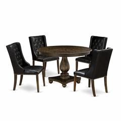 East West Furniture 5 Piece Dining Room Table Set Includes a Modern Dining Table and 4 Black PU Leather Kitchen Chairs with Button Tufted Back - Distressed Jacobean Finish