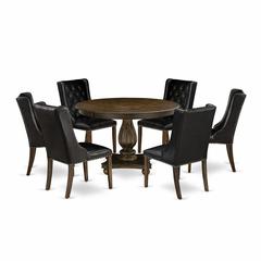 East West Furniture 7 Piece Kitchen Table Set Consists of a Modern Kitchen Table and 6 Black PU Leather Mid Century Chairs with Button Tufted Back - Distressed Jacobean Finish