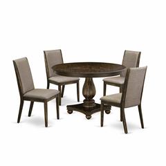 East West Furniture 5 Piece Dining Room Set Includes a Modern Dining Table and 4 Dark Khaki Linen Fabric Mid Century Dining Chairs with High Back - Distressed Jacobean Finish