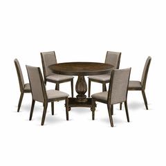 East West Furniture 7 Piece Dining Set Contains a Mid Century Modern Dining Table and 6 Dark Khaki Linen Fabric Dining Room Chairs with High Back - Distressed Jacobean Finish