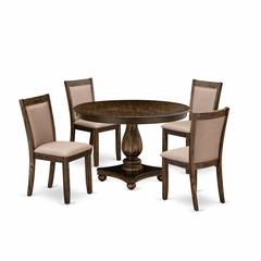 East West Furniture 5 Piece Dinner Table Set Includes a Kitchen Table and 4 Dark Khaki Linen Fabric Upholstered Dining Chairs with High Back - Distressed Jacobean Finish