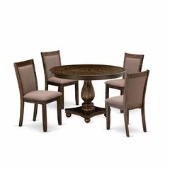 East West Furniture 5-Pc Dining Set - Pedestal Dinette Table and 4 Coffee Color Parson Chairs with High Back - Distressed Jacobean Finish