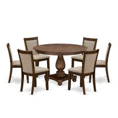 F2MZ7-N04 7-Pc Modern Dining Set - Wooden Pedestal Table and 6 Light Tan Parson Chairs with High Back - Antique Walnut Finish