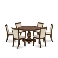 East West Furniture 7-Piece Dinning Table Set - A Gorgeous Wood Table and 6 Wonderful Light Beige Linen Fabric Dining Chairs with Stylish High Back (Sand Blasting Antique Walnut Finish)